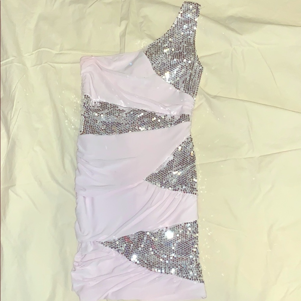 Short, pink, sparkly prom dress.